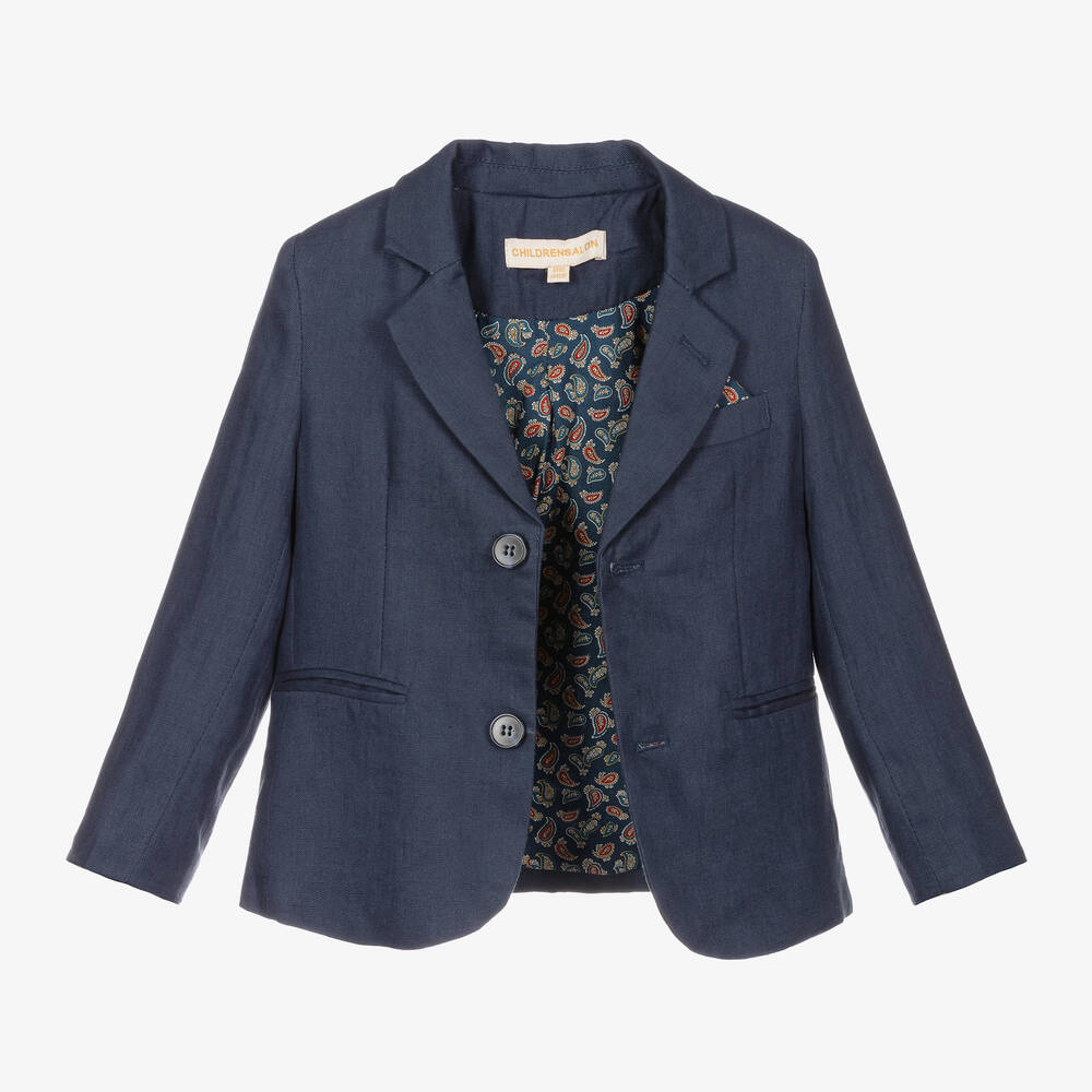Childrensalon Occasions-Синий льняной костюм с галстуком и бабочкой | Childrensalon