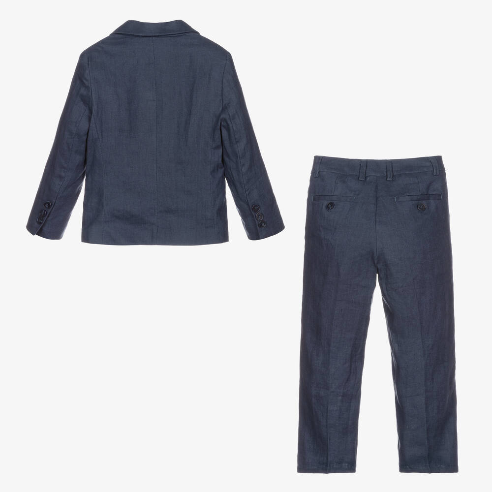 Childrensalon Occasions-Синий льняной костюм с галстуком и бабочкой | Childrensalon