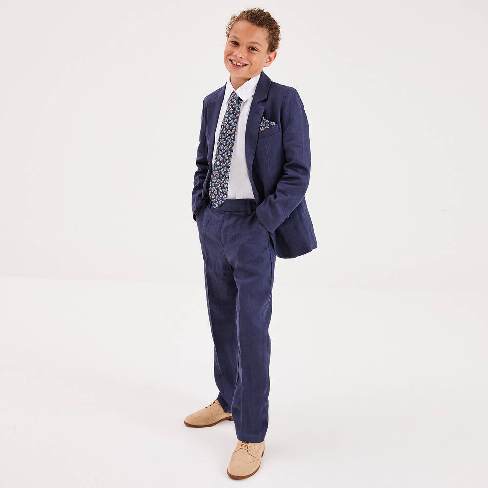 Childrensalon Occasions-Синий льняной костюм с галстуком и бабочкой | Childrensalon