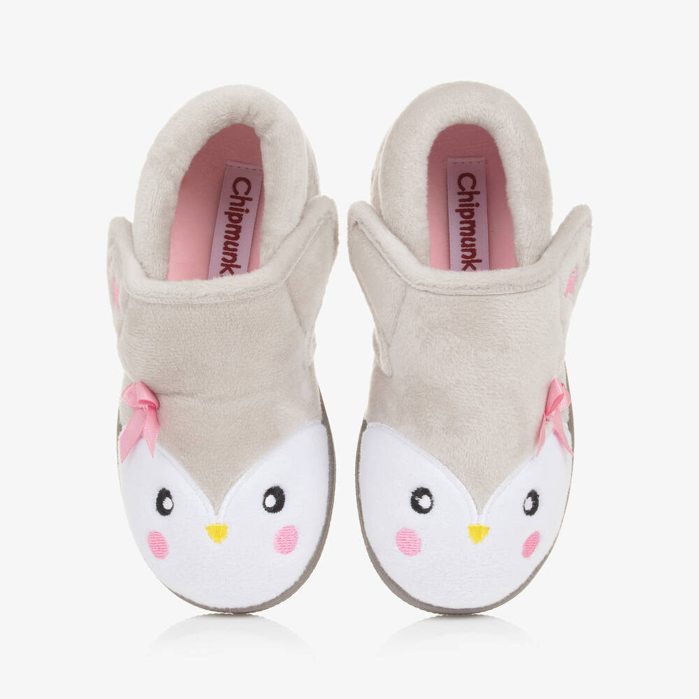 Chipmunks-Girls Grey Fleece Penguin Slippers | Childrensalon