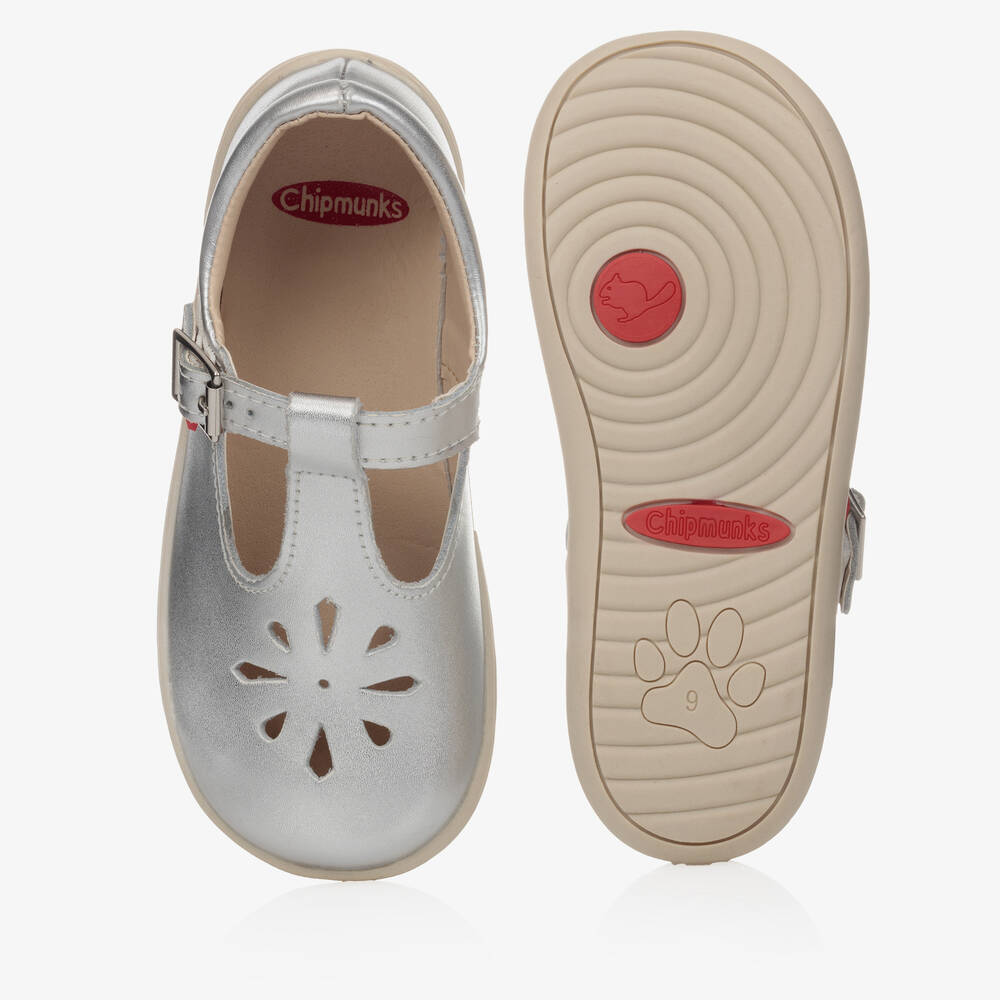 Chipmunks-Girls Silver Leather T-Bar Shoes | Childrensalon