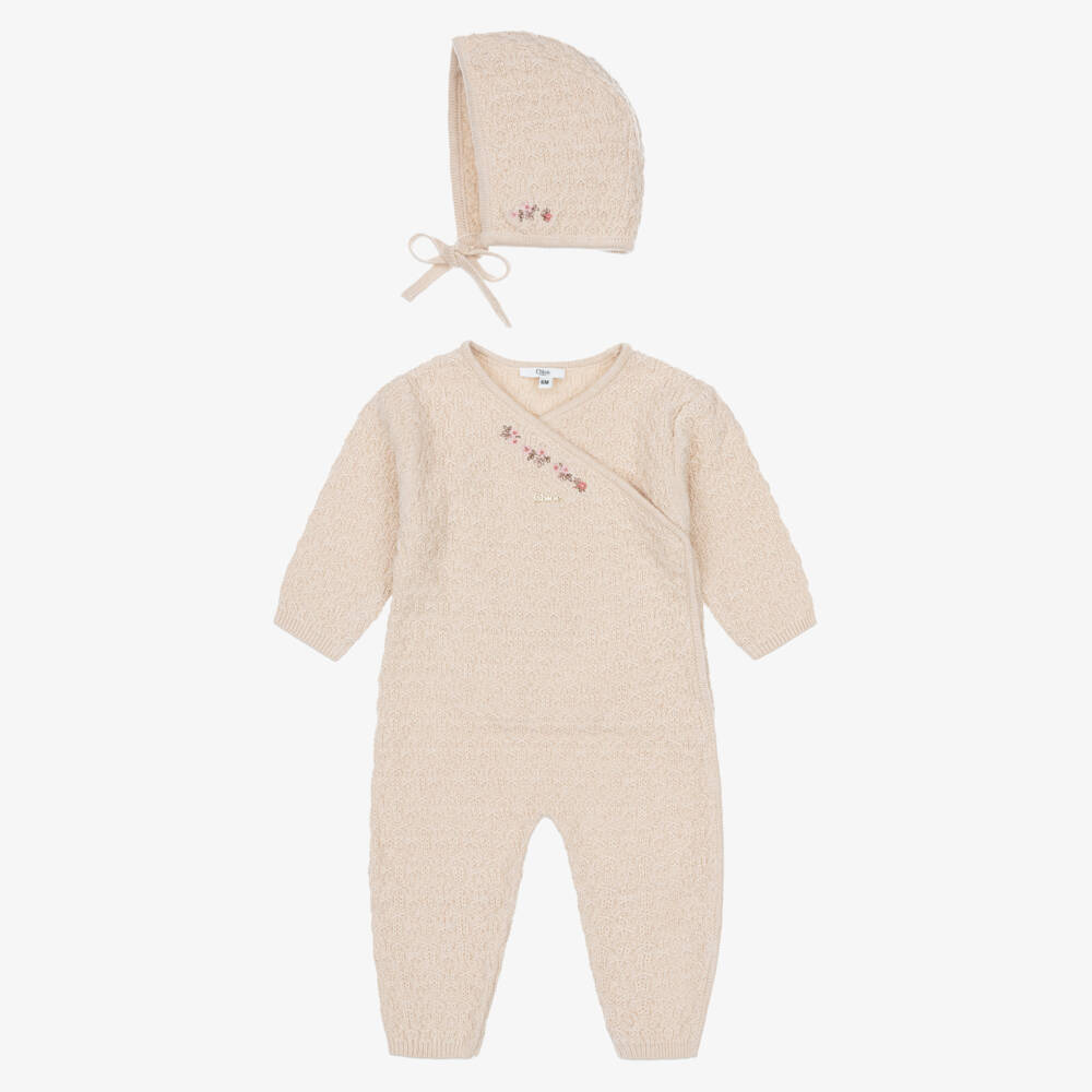 Chloé-Baby Girls Beige Babysuit Gift Set in Cotton & Cashmere | Childrensalon