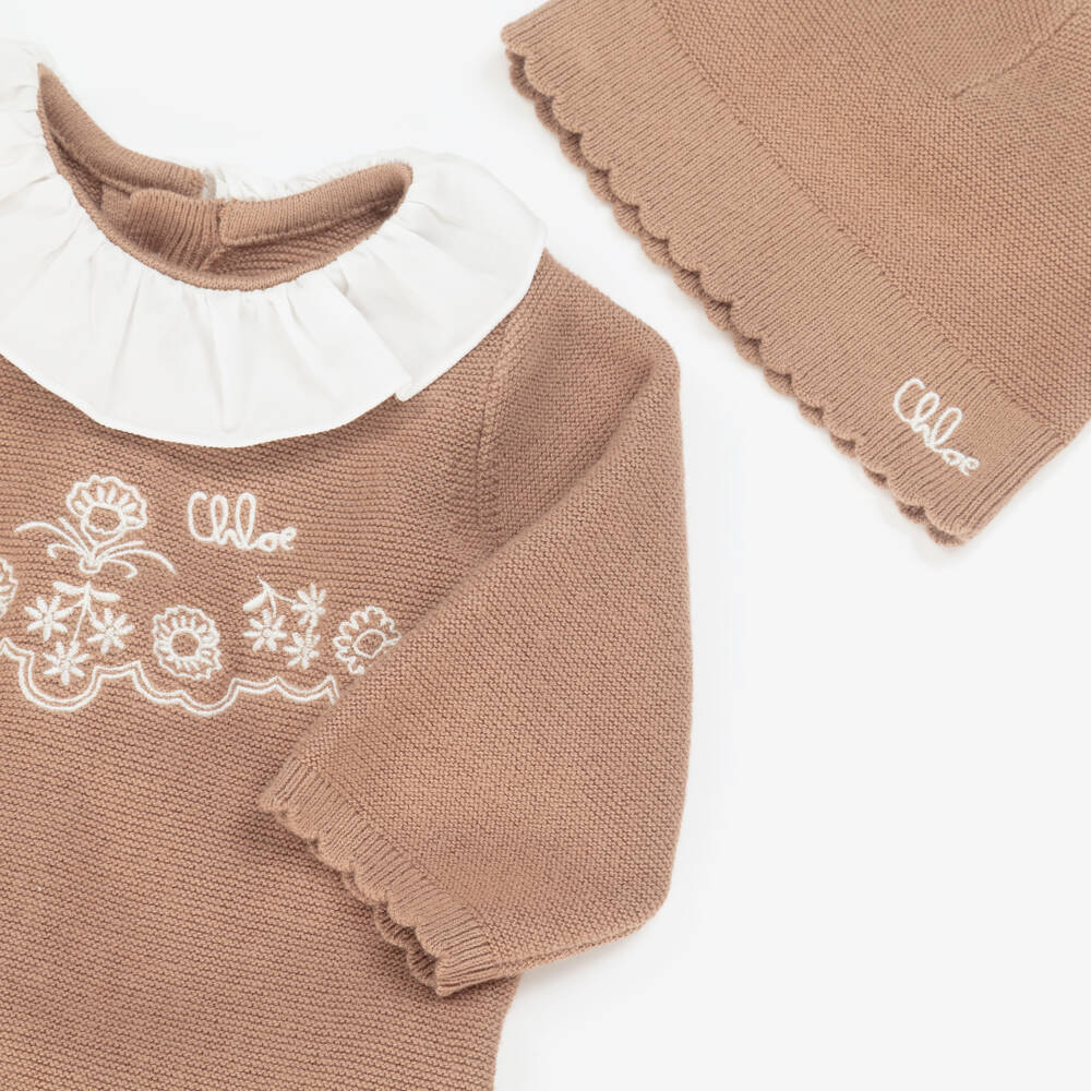 Chloé-Baby Girls Brown Cotton Knit Babysuit Set | Childrensalon