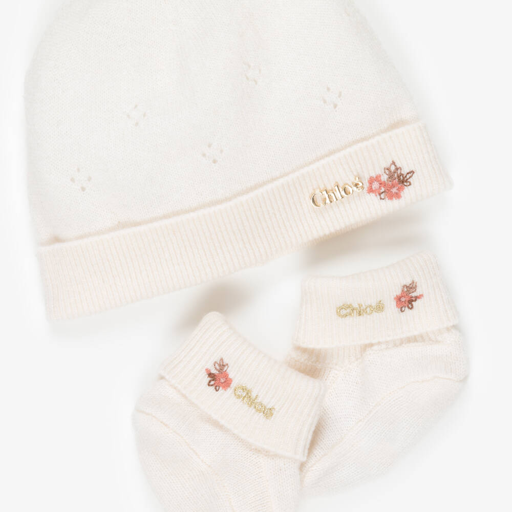 Chloé-Baby Girls Ivory Knitted Hat & Booties Set | Childrensalon