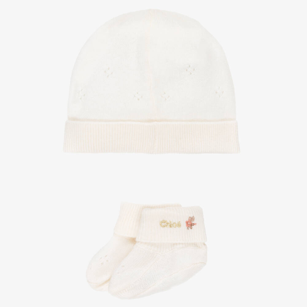 Chloé-Baby Girls Ivory Knitted Hat & Booties Set | Childrensalon