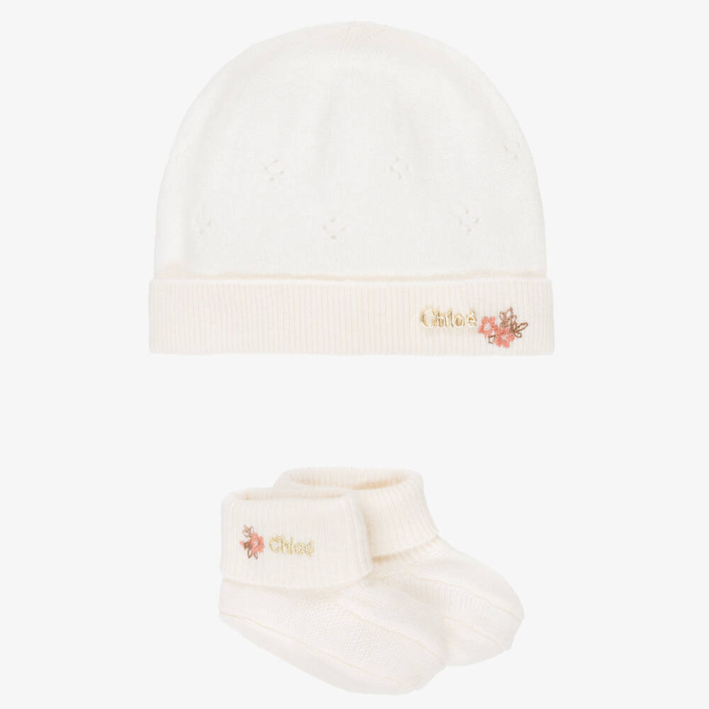 Chloé-Baby Girls Ivory Knitted Hat & Booties Set | Childrensalon