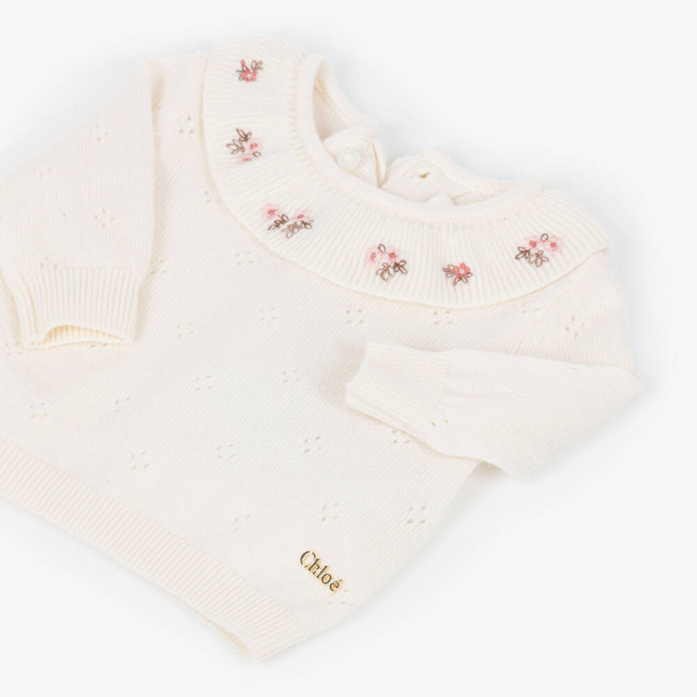 Chloé-Baby Girls Ivory Pointelle Knit Trouser Set | Childrensalon