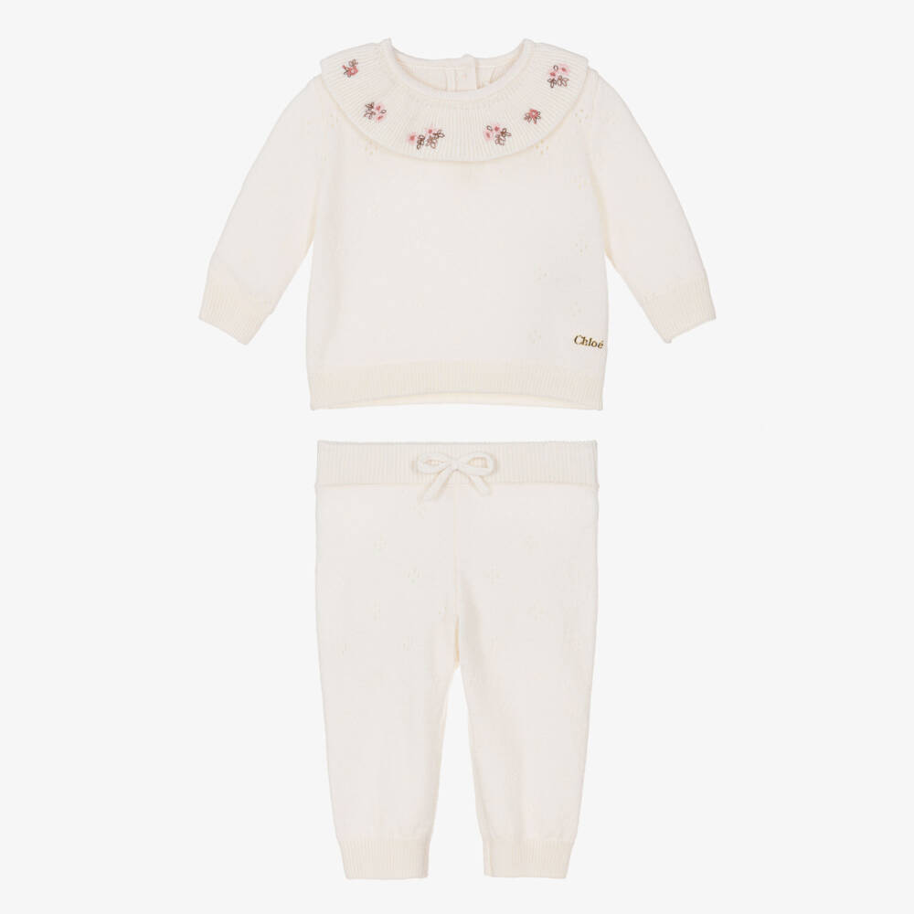 Chloé-Baby Girls Ivory Pointelle Knit Trouser Set | Childrensalon