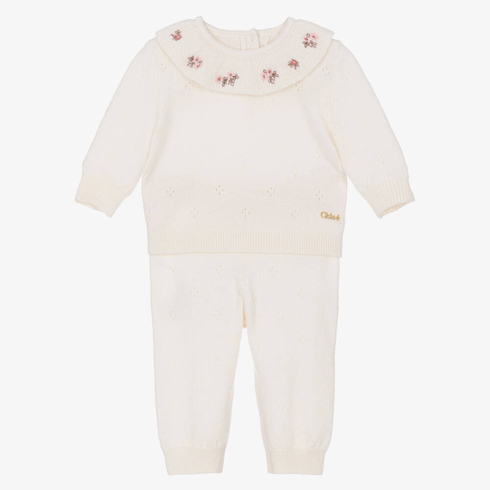 Chloé-Baby Girls Ivory Pointelle Knit Trouser Set | Childrensalon