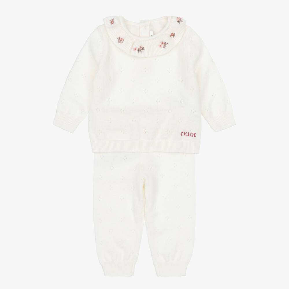 Chloé-Baby Girls Ivory Pointelle Knit Trouser Set | Childrensalon