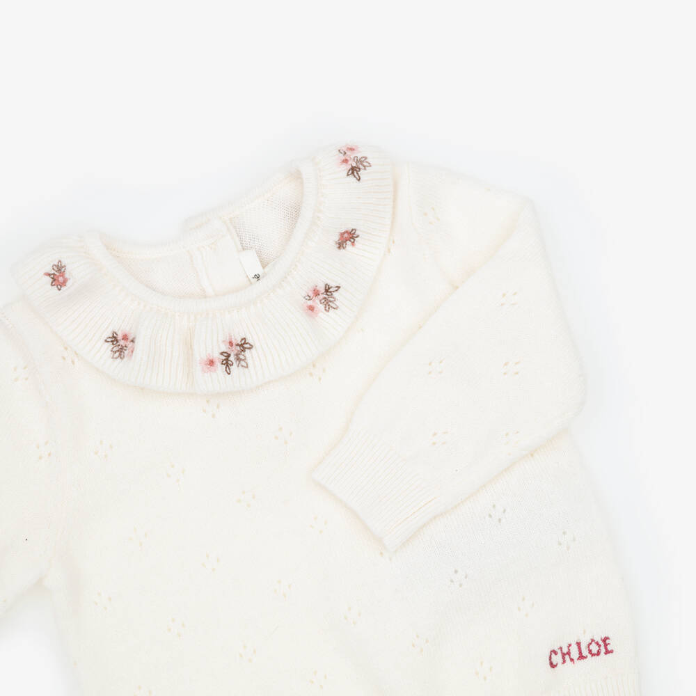 Chloé-Baby Girls Ivory Pointelle Knit Trouser Set | Childrensalon