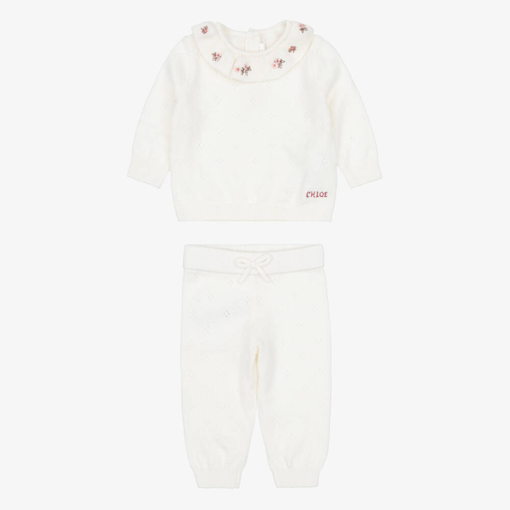 Chloé-Baby Girls Ivory Pointelle Knit Trouser Set | Childrensalon