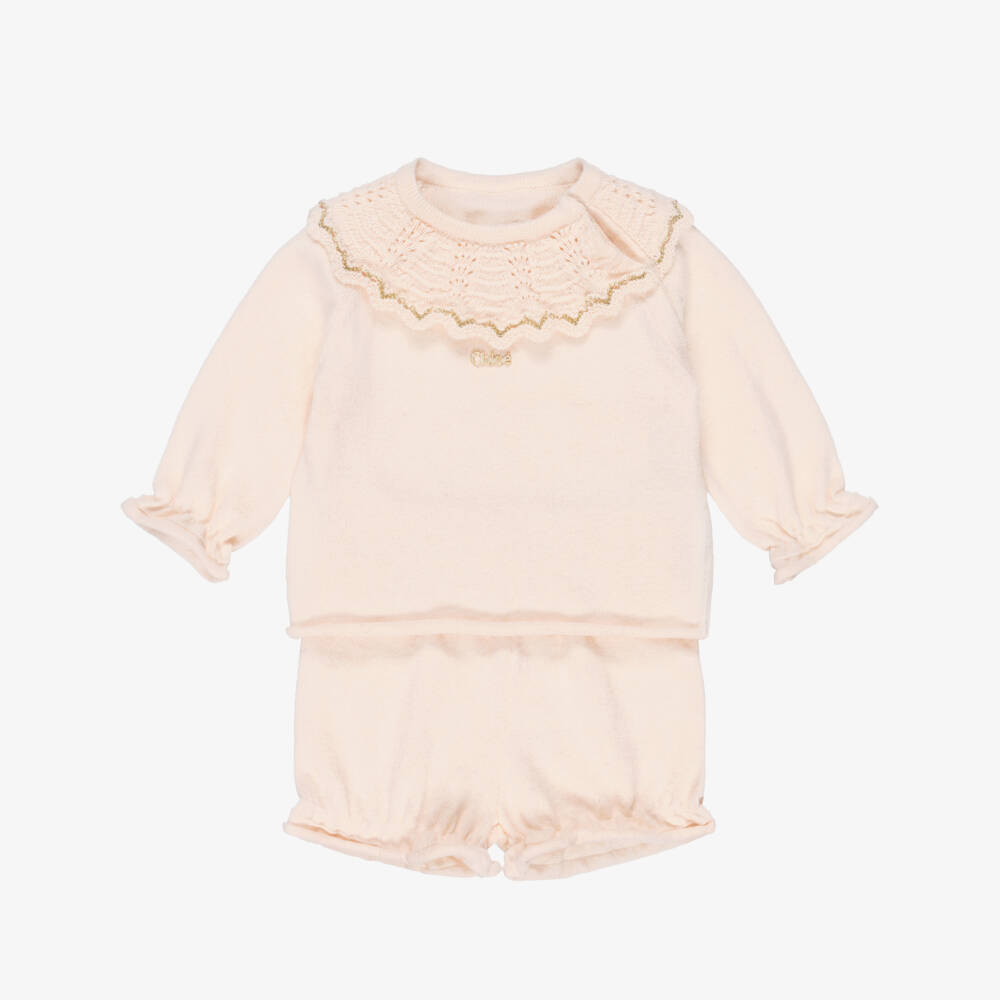 Chloé-Baby Girls Pale Pink Cotton & Cashmere Shorts Set | Childrensalon