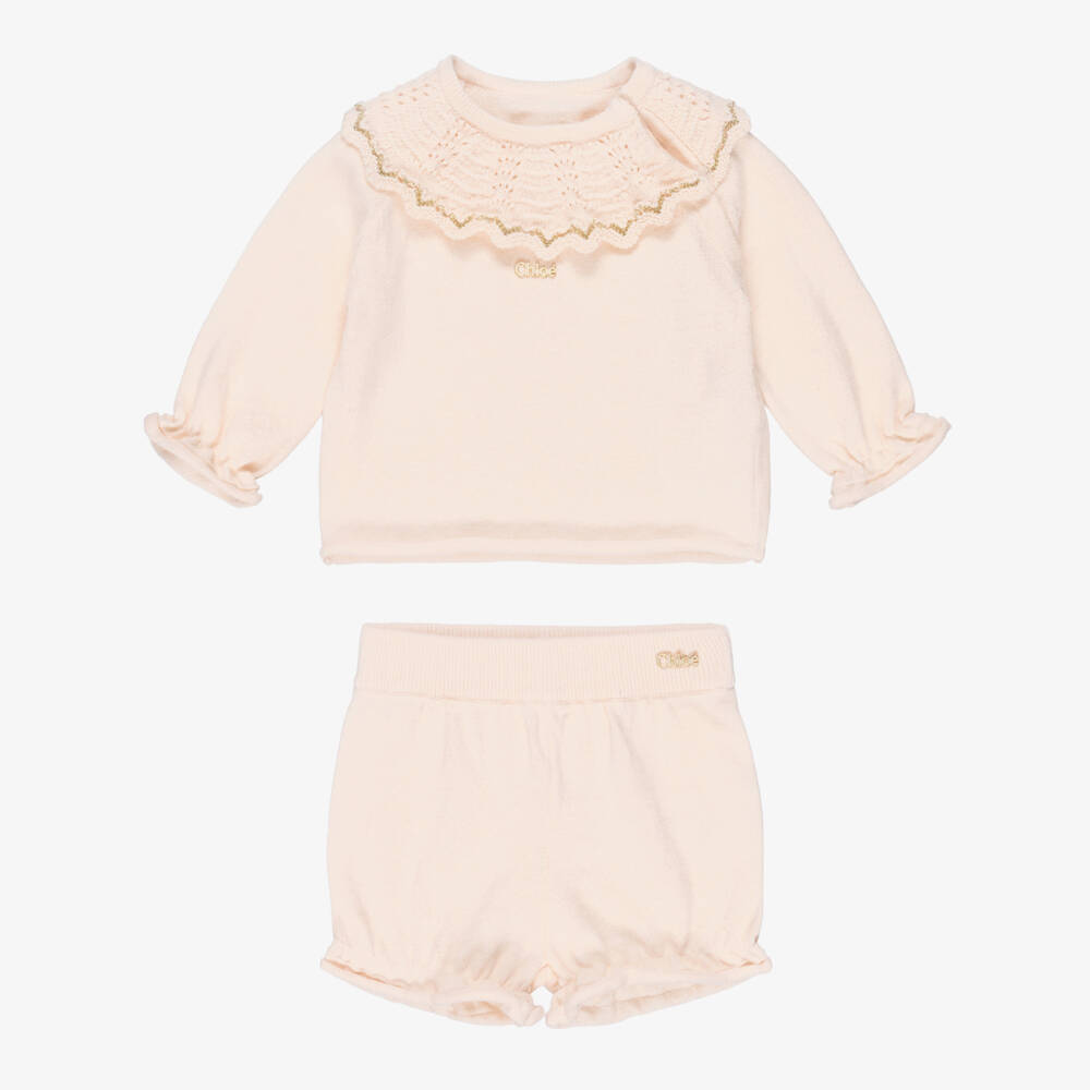 Chloé-Baby Girls Pale Pink Cotton & Cashmere Shorts Set | Childrensalon