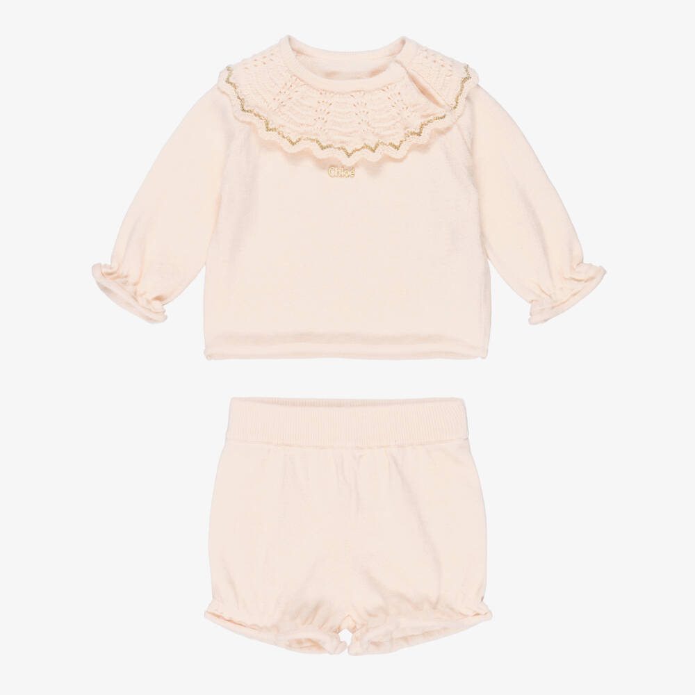 Chloé-Baby Girls Pale Pink Cotton & Cashmere Shorts Set | Childrensalon