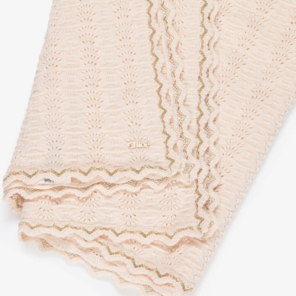 Chloé-Baby Girls Pale Pink Knitted Blanket with Gold Trim (75cm) | Childrensalon