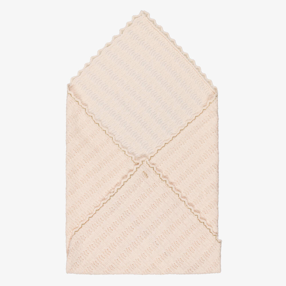 Chloé-Baby Girls Pale Pink Knitted Blanket with Gold Trim (75cm) | Childrensalon