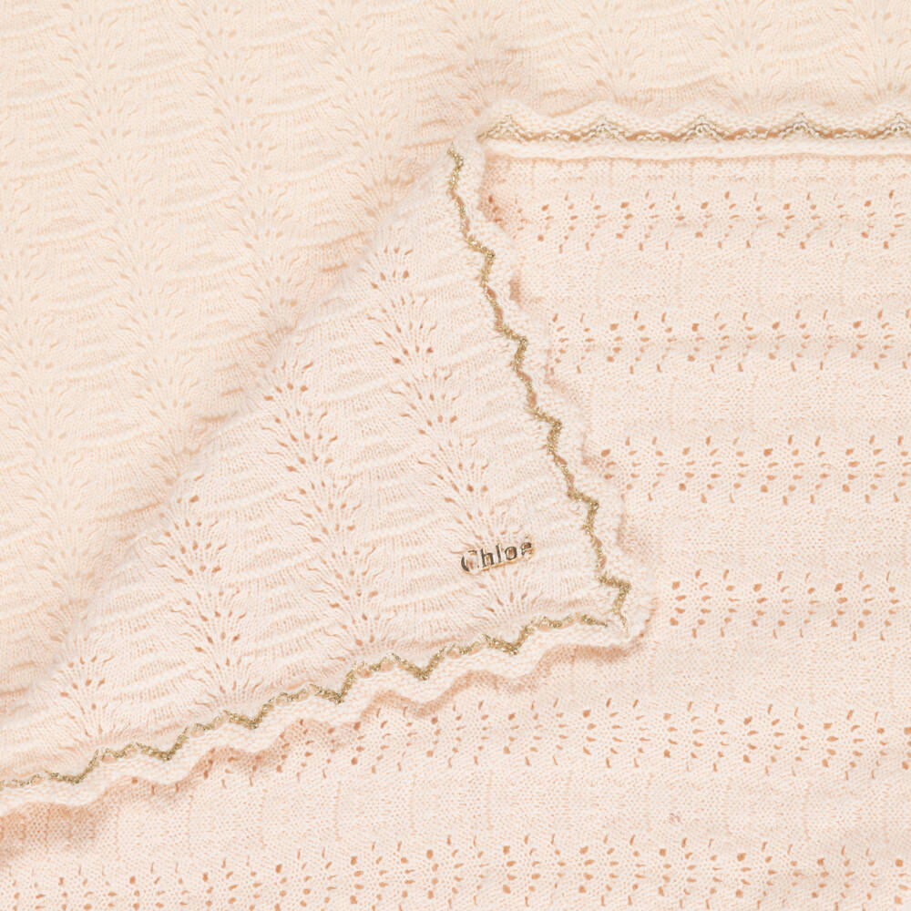 Chloé-Baby Girls Pale Pink Knitted Blanket with Gold Trim (75cm) | Childrensalon