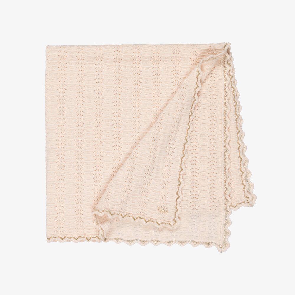 Chloé-Baby Girls Pale Pink Knitted Blanket with Gold Trim (80cm) | Childrensalon