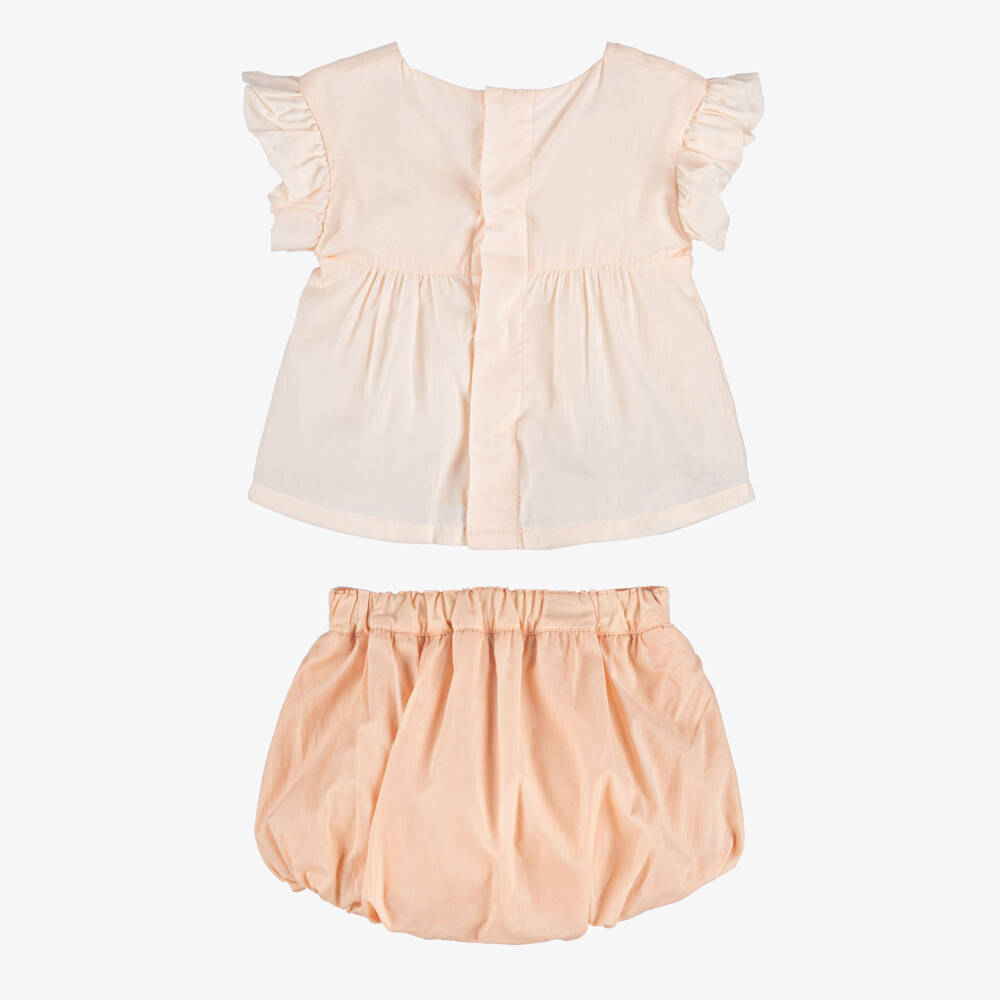 Chloé-Baby Girls Peach Pink Cotton Bloomer Shorts Set | Childrensalon