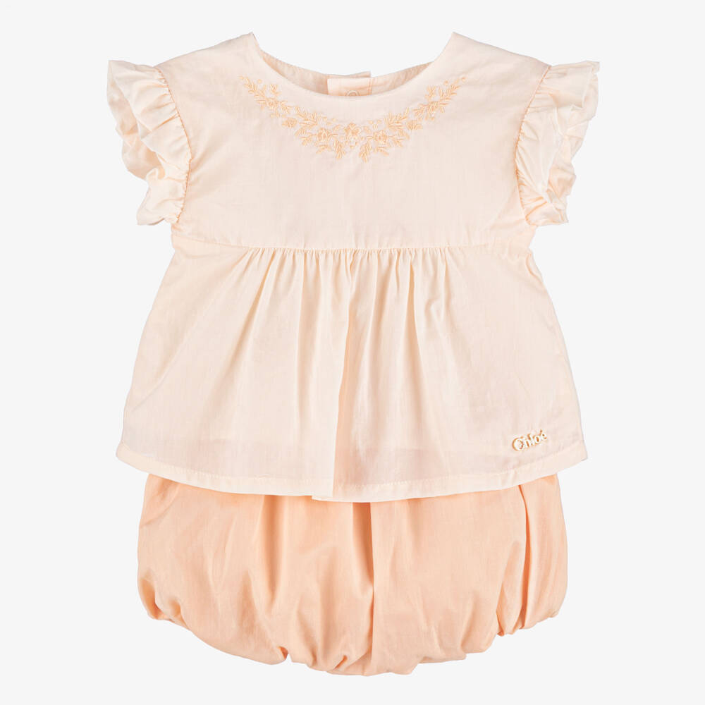 Chloé-Baby Girls Peach Pink Cotton Bloomer Shorts Set | Childrensalon