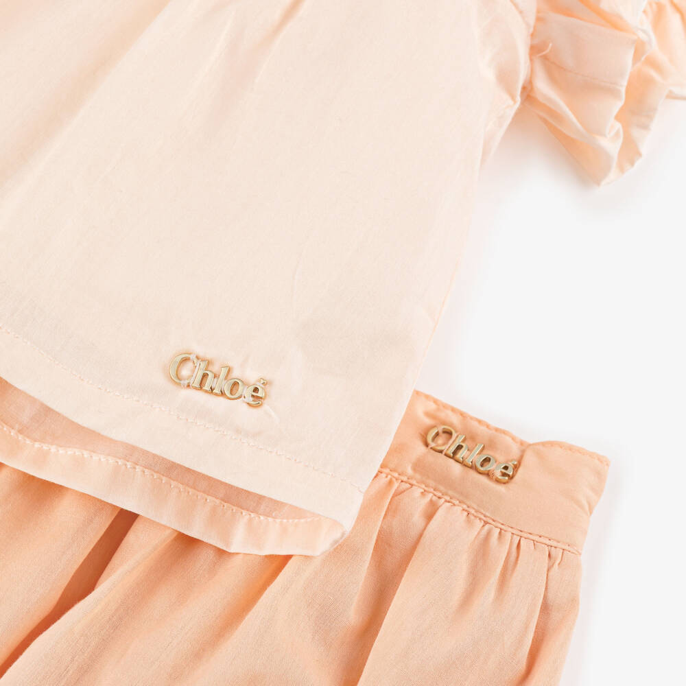 Chloé-Baby Girls Peach Pink Cotton Bloomer Shorts Set | Childrensalon
