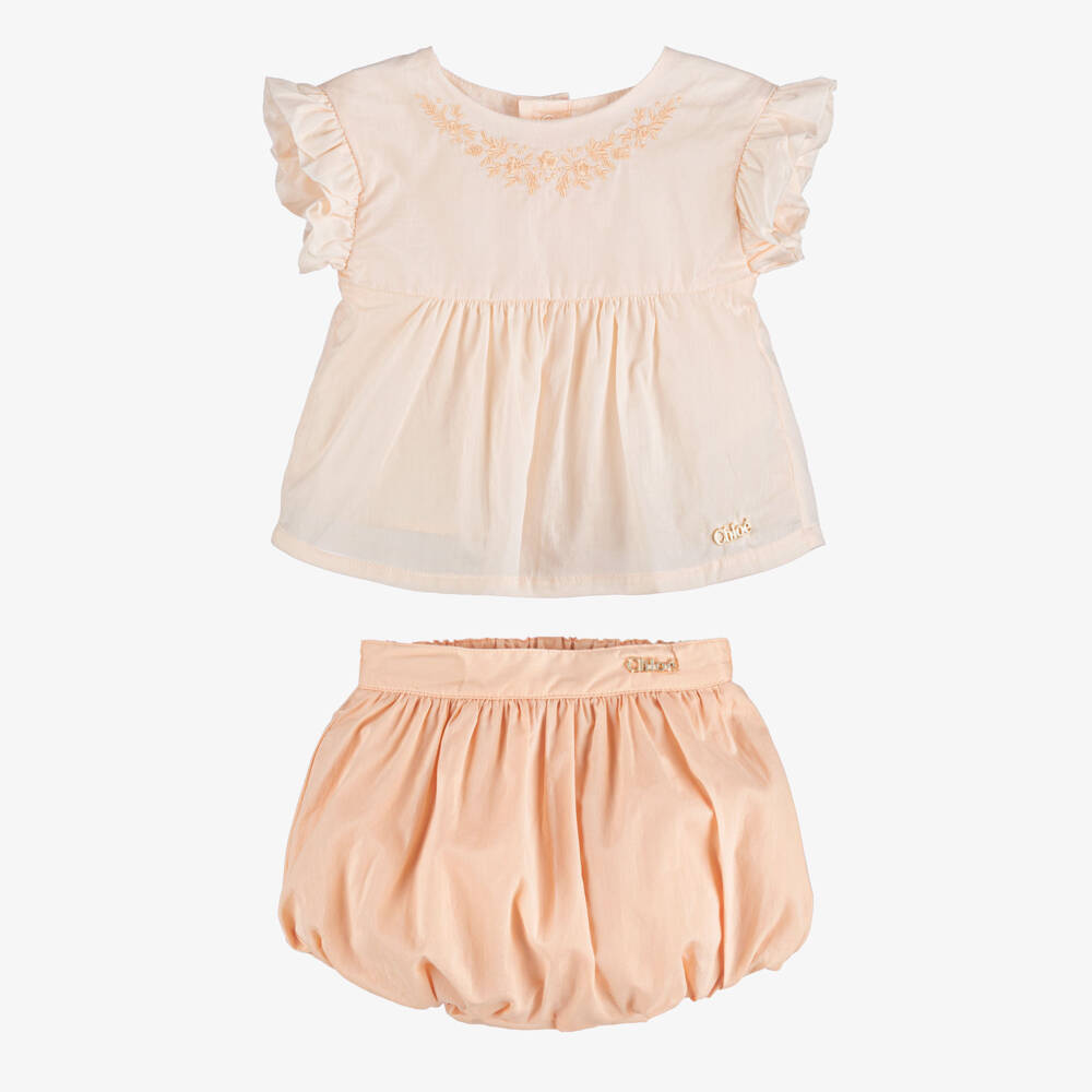 Chloé-Baby Girls Peach Pink Cotton Bloomer Shorts Set | Childrensalon