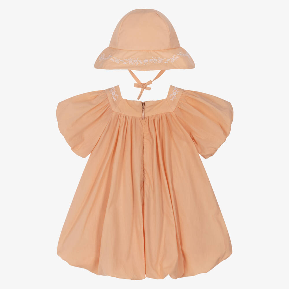 Chloé-Baby Girls Peach Pink Embroidered Cotton Dress & Hat Set | Childrensalon
