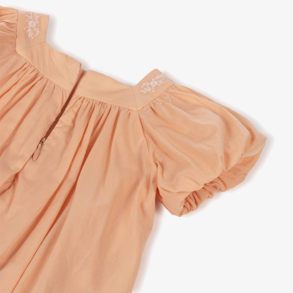Chloé-Baby Girls Peach Pink Embroidered Cotton Dress & Hat Set | Childrensalon