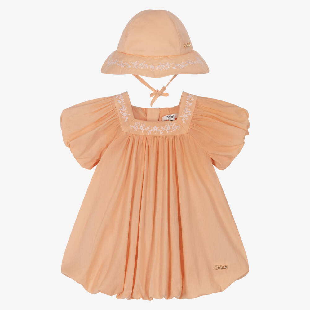 Chloé-Baby Girls Peach Pink Embroidered Cotton Dress & Hat Set | Childrensalon