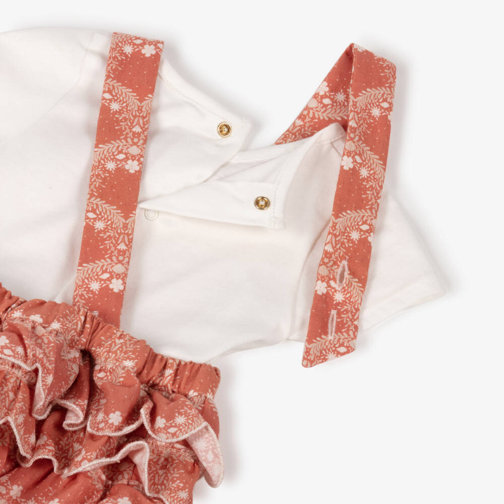 Chloé-Baby Girls Pink & White Floral Print Dungaree Shorts Set | Childrensalon