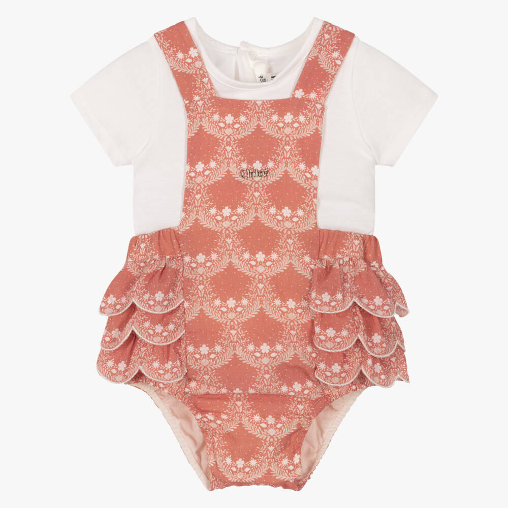 Chloé-Baby Girls Pink & White Floral Print Dungaree Shorts Set | Childrensalon