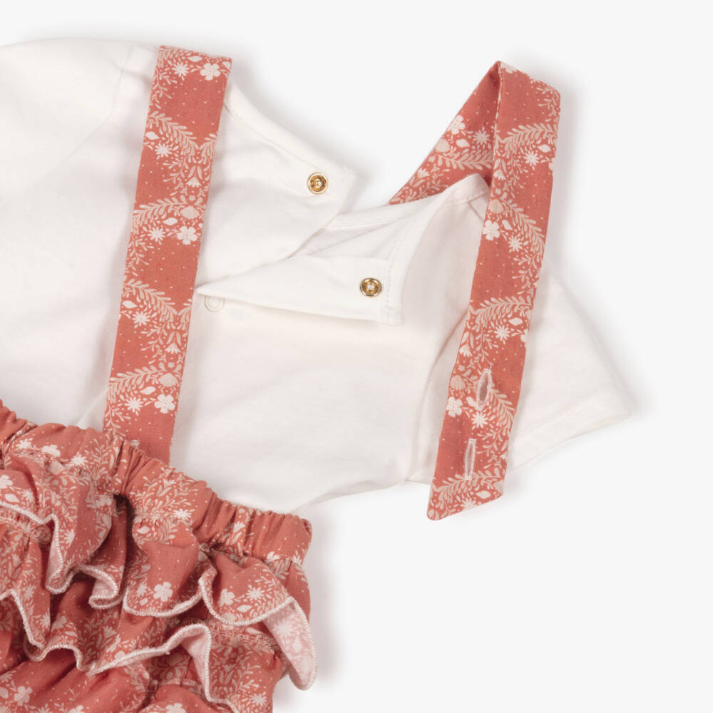 Chloé-Baby Girls Pink & White Floral Print Dungaree Shorts Set | Childrensalon