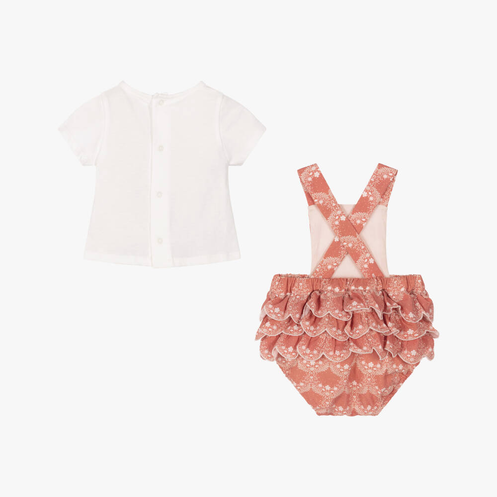 Chloé-Baby Girls Pink & White Floral Print Dungaree Shorts Set | Childrensalon
