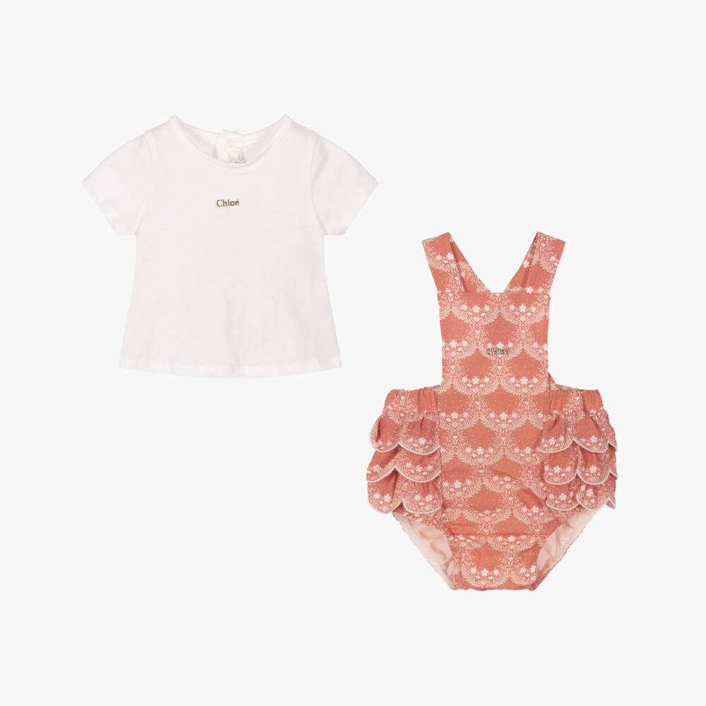 Chloé-Baby Girls Pink & White Floral Print Dungaree Shorts Set | Childrensalon