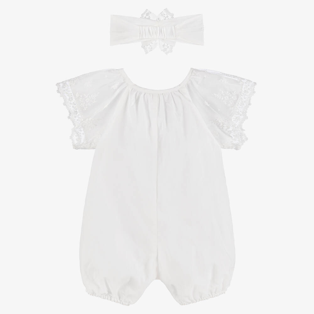 Chloé-Baby Girls White Cotton Lace Sleeve Shortie Set | Childrensalon