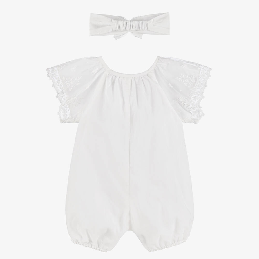 Chloé-Baby Girls White Cotton Lace Sleeve Shortie Set | Childrensalon