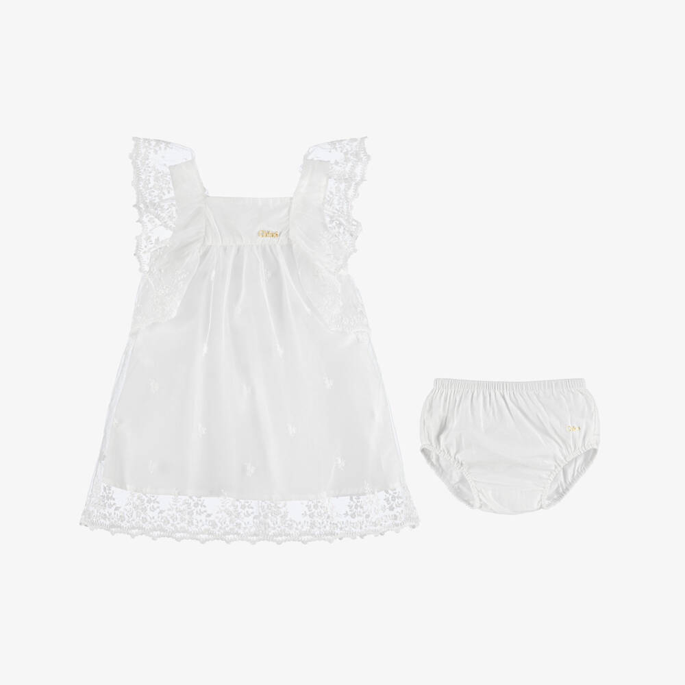 Chloé-Baby Girls White Floral Embroidered Tulle Dress Set | Childrensalon