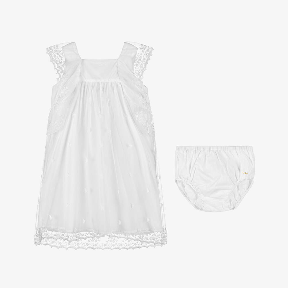Chloé-Baby Girls White Floral Embroidered Tulle Dress Set | Childrensalon