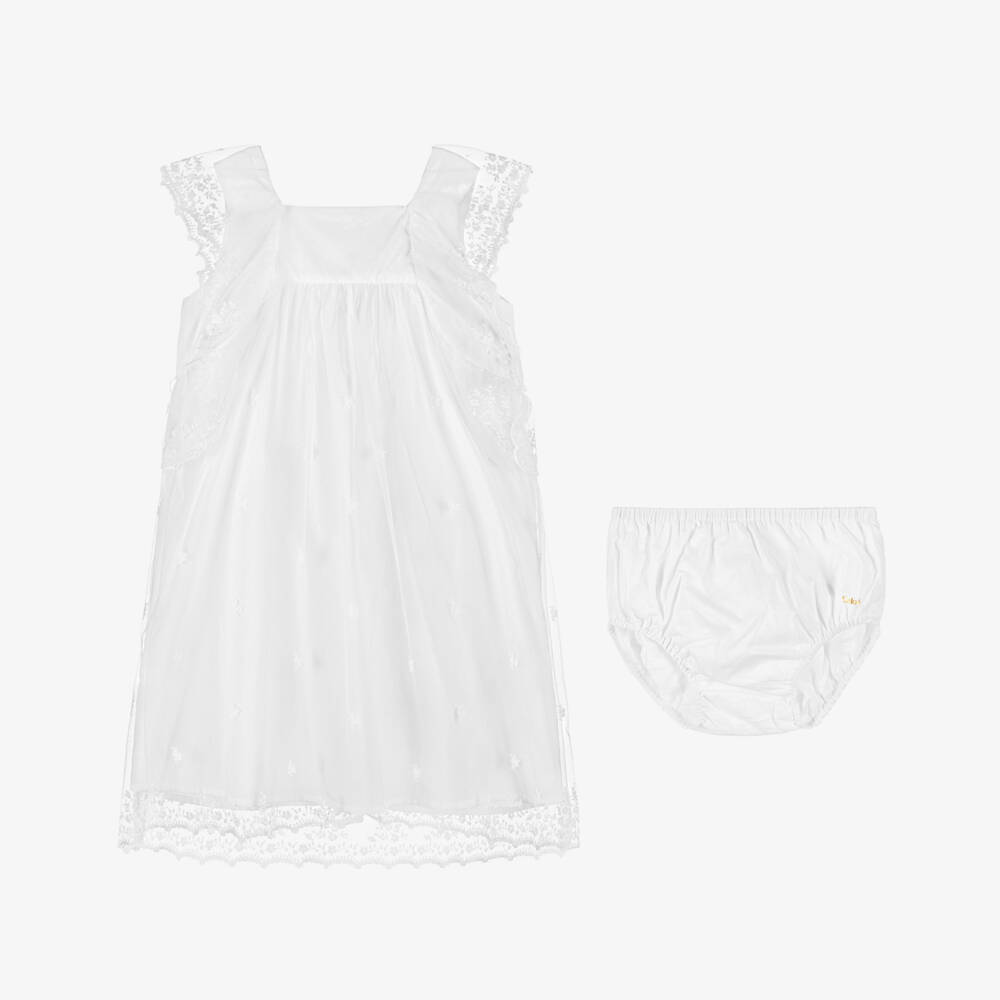Chloé-Baby Girls White Floral Embroidered Tulle Dress Set | Childrensalon