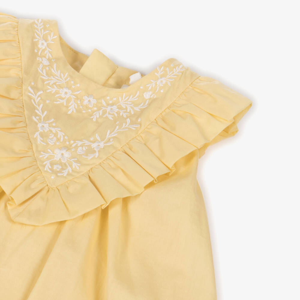 Chloé-Baby Girls Yellow Cotton Dress with Embroidered Ruffle | Childrensalon