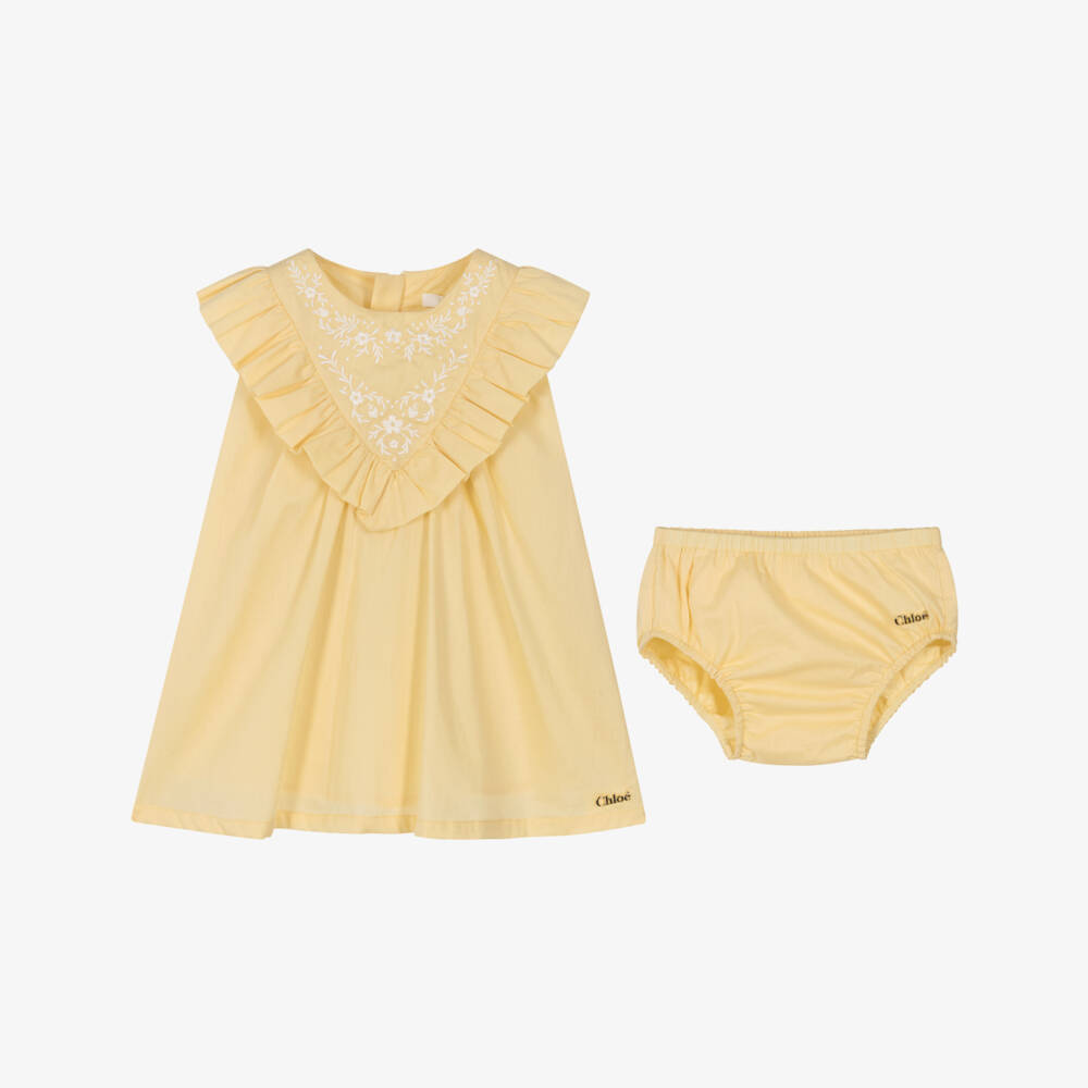 Chloé-Baby Girls Yellow Cotton Dress with Embroidered Ruffle | Childrensalon