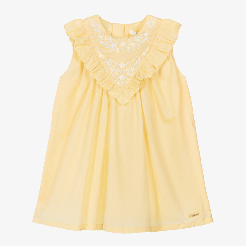 Chloé-Baby Girls Yellow Cotton Embroidered Dress | Childrensalon