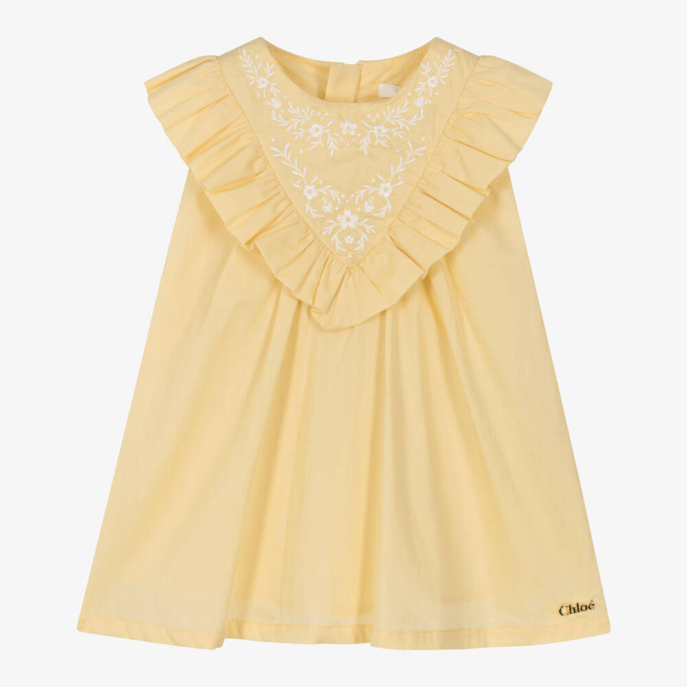 Chloé-Baby Girls Yellow Cotton Embroidered Dress | Childrensalon