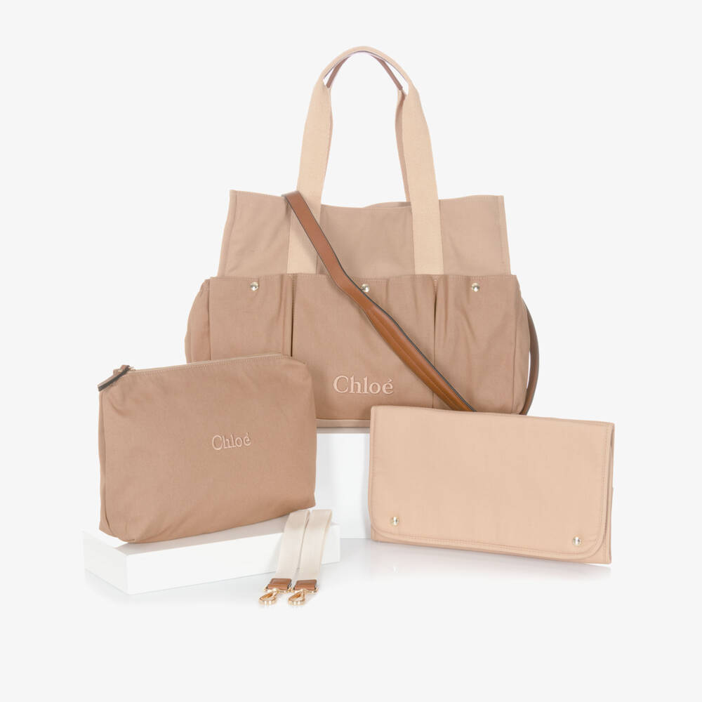 Chloé-Beige Canvas Changing Bag with Pouch & Mat (41cm) | Childrensalon