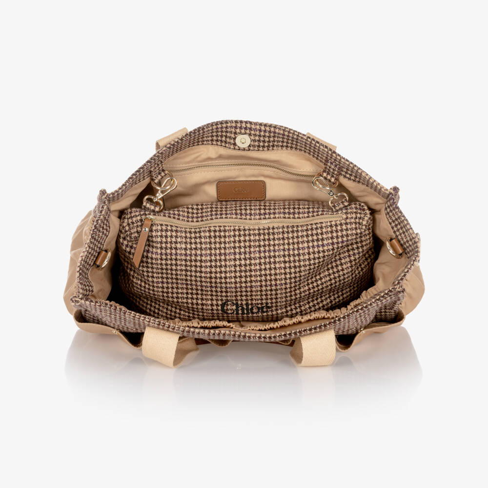 Chloé-Beige Houndstooth Check Changing Bag with Pouch & Mat (41cm) | Childrensalon