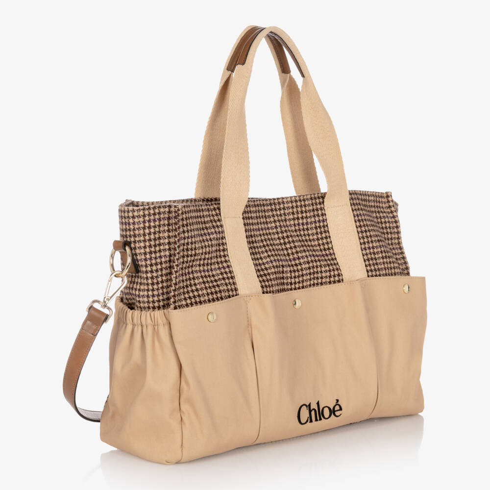 Chloé-Beige Houndstooth Check Changing Bag with Pouch & Mat (41cm) | Childrensalon