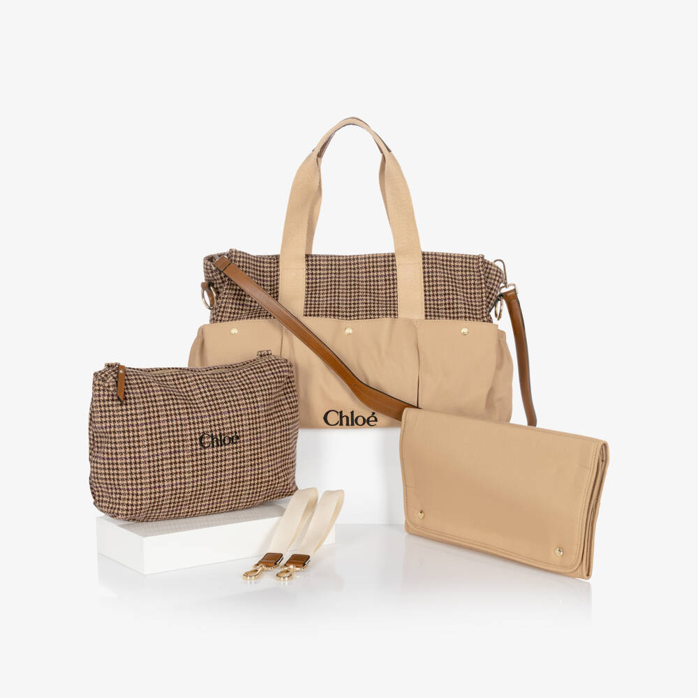 Chloé-Beige Houndstooth Check Changing Bag with Pouch & Mat (41cm) | Childrensalon
