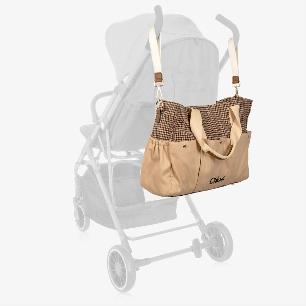 Chloé-Beige Houndstooth Check Changing Bag with Pouch & Mat (41cm) | Childrensalon