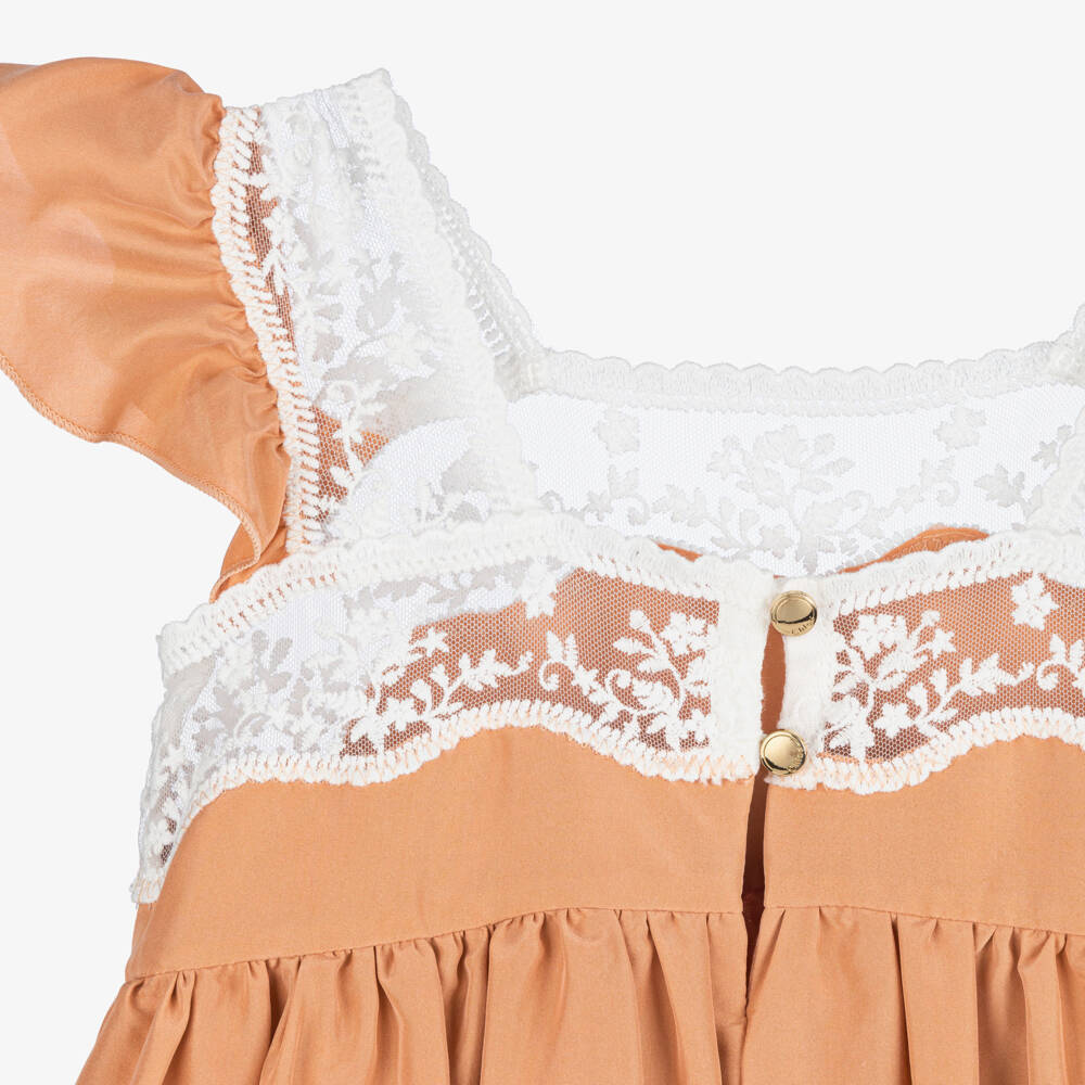 Chloé-Girls Apricot Silk Dress with Lace Trims | Childrensalon